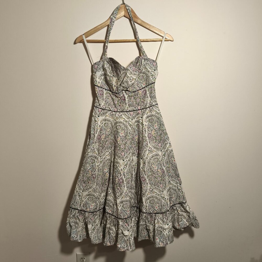 y2k Anthro Girls From Savoy Sweetheart Halter Fit Flare Dress sz 2 Ivory Black
